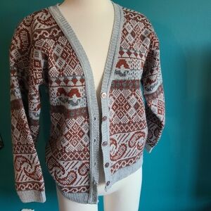 Vintage 1970s button down cardigan, acrylic cardigan, retro, paisley, argyle, si